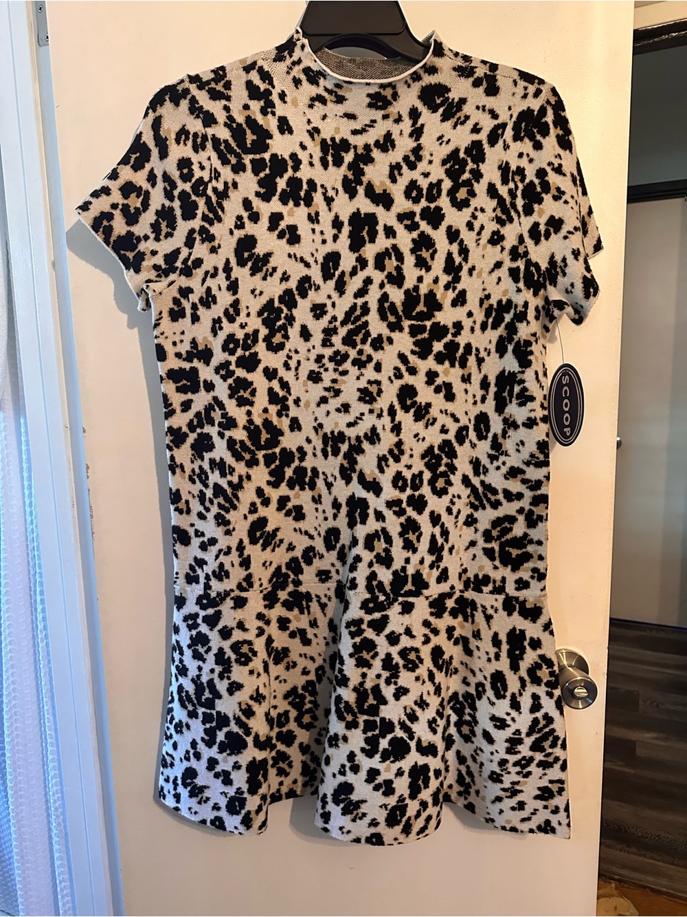 Scoop Leopard Print Short Sleeve Dress in Black and Cream